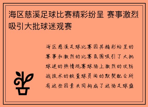 海区慈溪足球比赛精彩纷呈 赛事激烈吸引大批球迷观赛