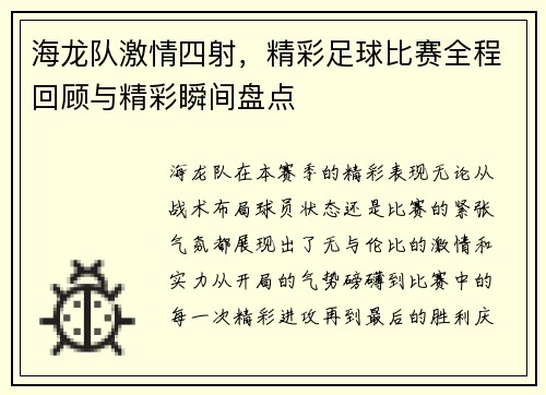 海龙队激情四射，精彩足球比赛全程回顾与精彩瞬间盘点