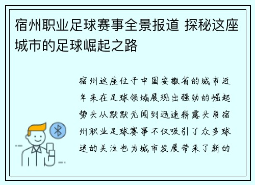 宿州职业足球赛事全景报道 探秘这座城市的足球崛起之路