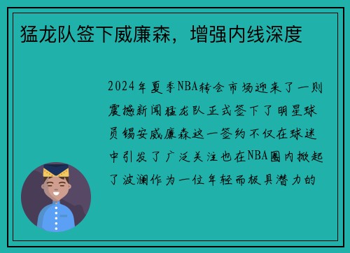 猛龙队签下威廉森，增强内线深度