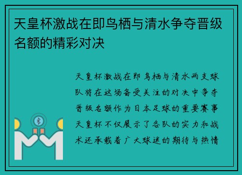 天皇杯激战在即鸟栖与清水争夺晋级名额的精彩对决