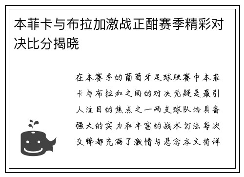 本菲卡与布拉加激战正酣赛季精彩对决比分揭晓