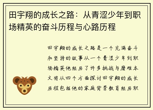 田宇翔的成长之路：从青涩少年到职场精英的奋斗历程与心路历程