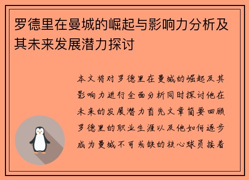 罗德里在曼城的崛起与影响力分析及其未来发展潜力探讨