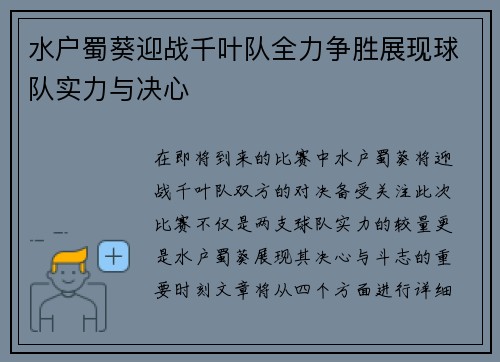 水户蜀葵迎战千叶队全力争胜展现球队实力与决心