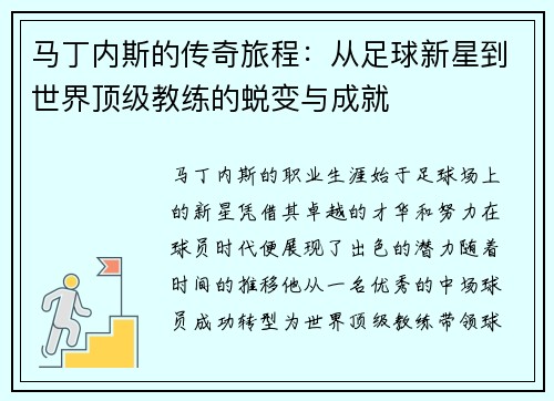 马丁内斯的传奇旅程：从足球新星到世界顶级教练的蜕变与成就