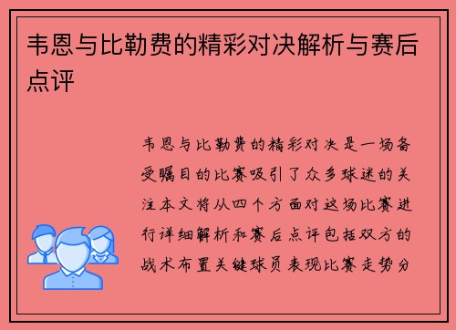韦恩与比勒费的精彩对决解析与赛后点评