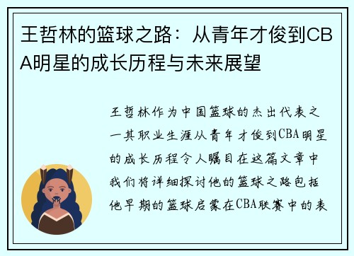 王哲林的篮球之路：从青年才俊到CBA明星的成长历程与未来展望