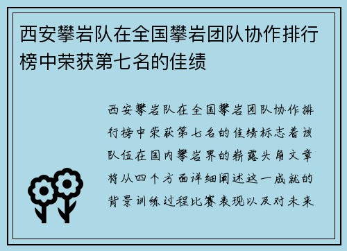 西安攀岩队在全国攀岩团队协作排行榜中荣获第七名的佳绩