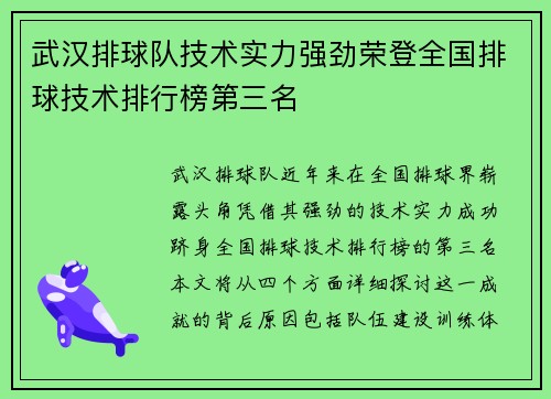 武汉排球队技术实力强劲荣登全国排球技术排行榜第三名